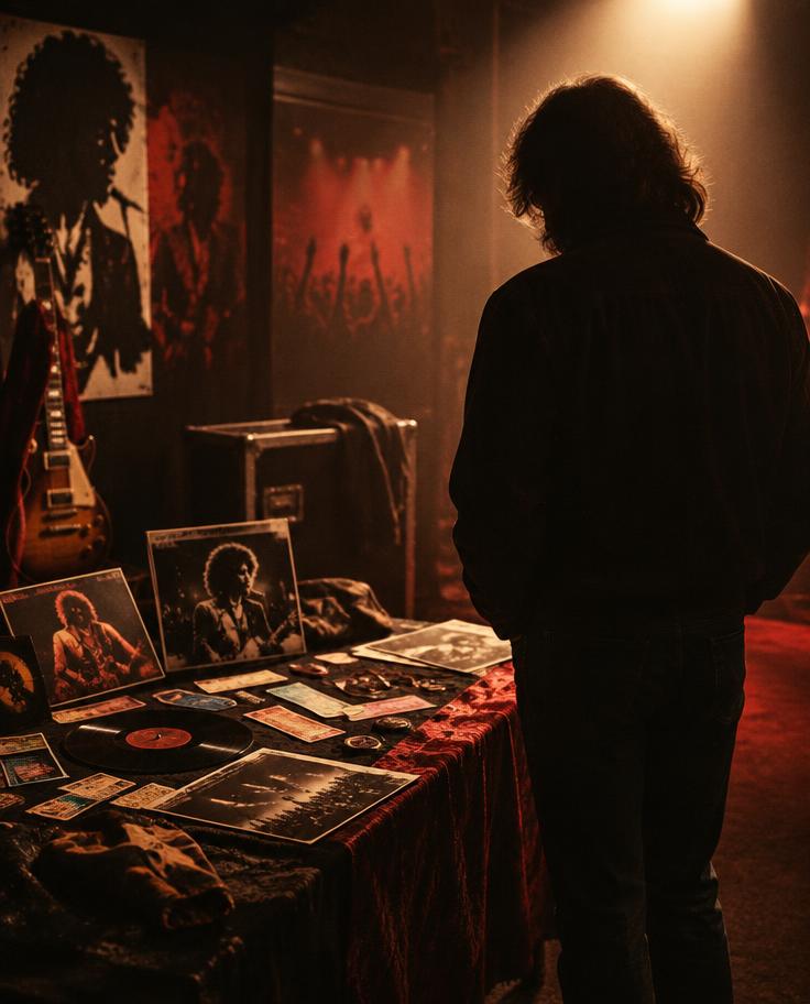 Atmospheric silhouette of an author viewing a rock memorabilia table