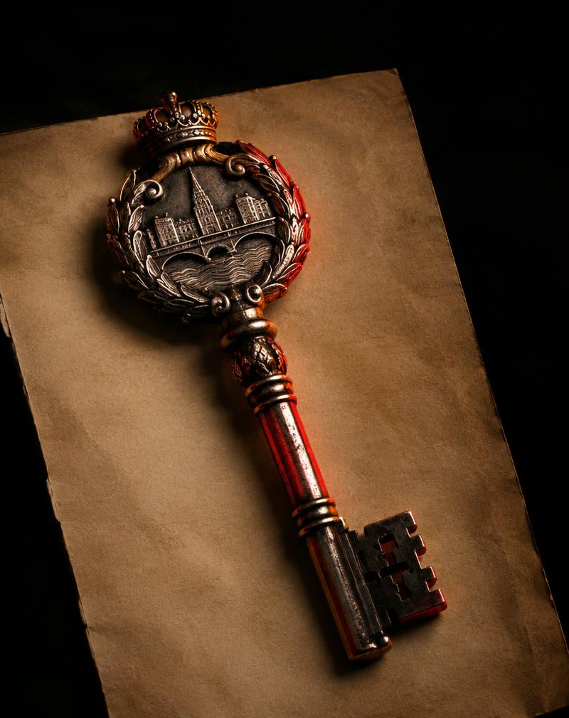 Archival-style ceremonial key on warm paper