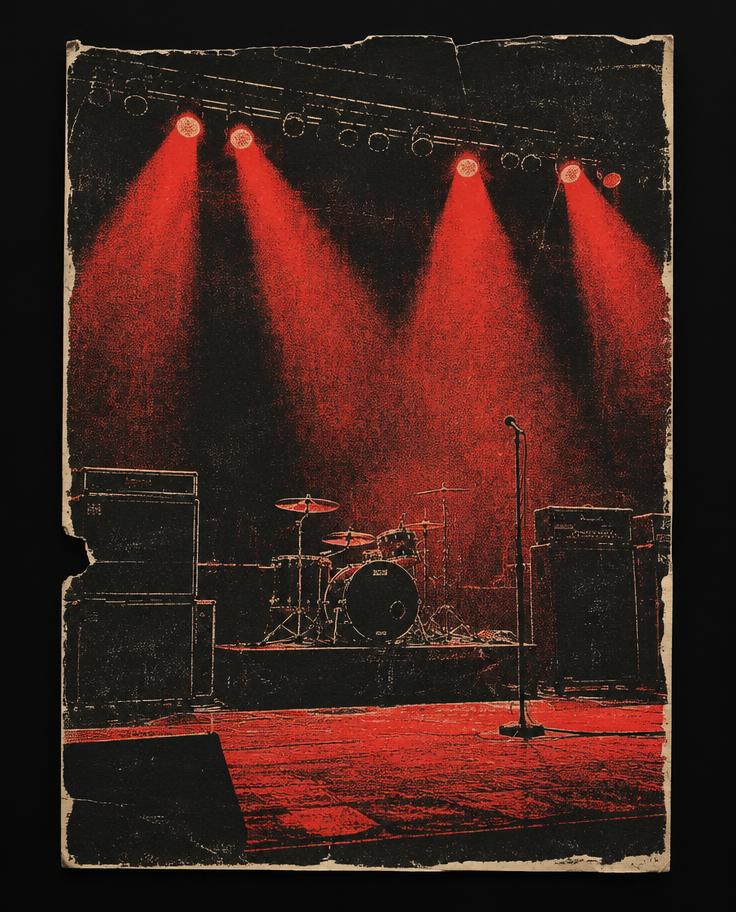 Archival-style empty concert stage under red lights