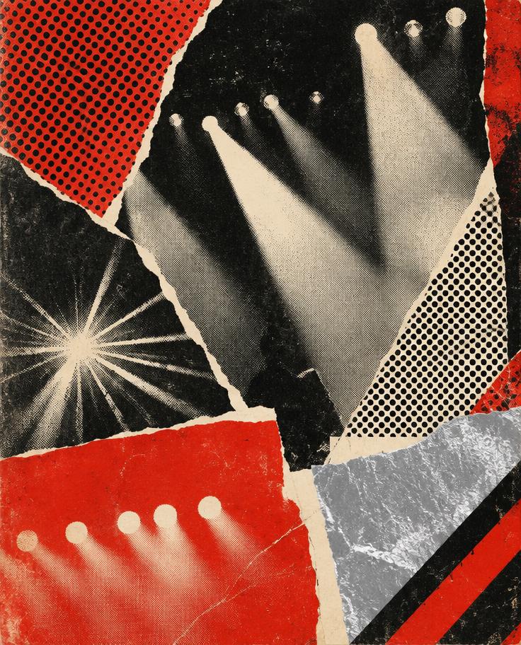 Archival-style red and black concert collage